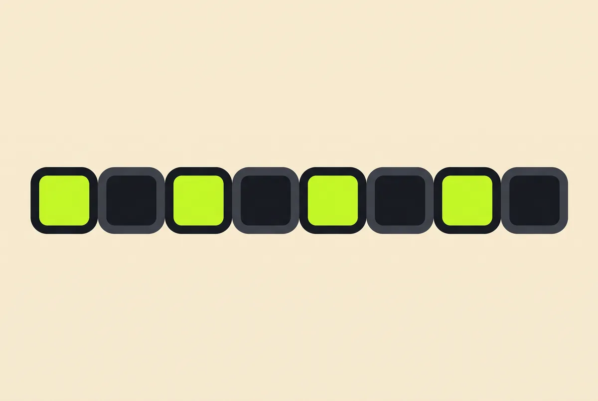 A row of eight squares, some filled and some empty, standing for the eight bits of a byte.