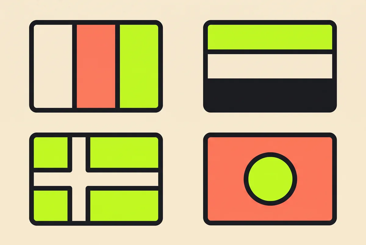 Four flag layouts in a grid: a vertical tricolour, a horizontal tricolour, an off-centre cross and a plain field with a disc.