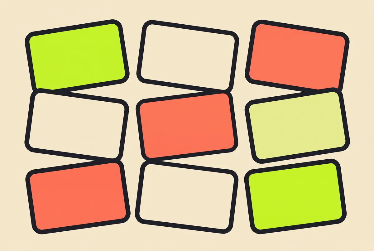 A grid of blank tilted cards, the sticker wall the whole site is arranged as.