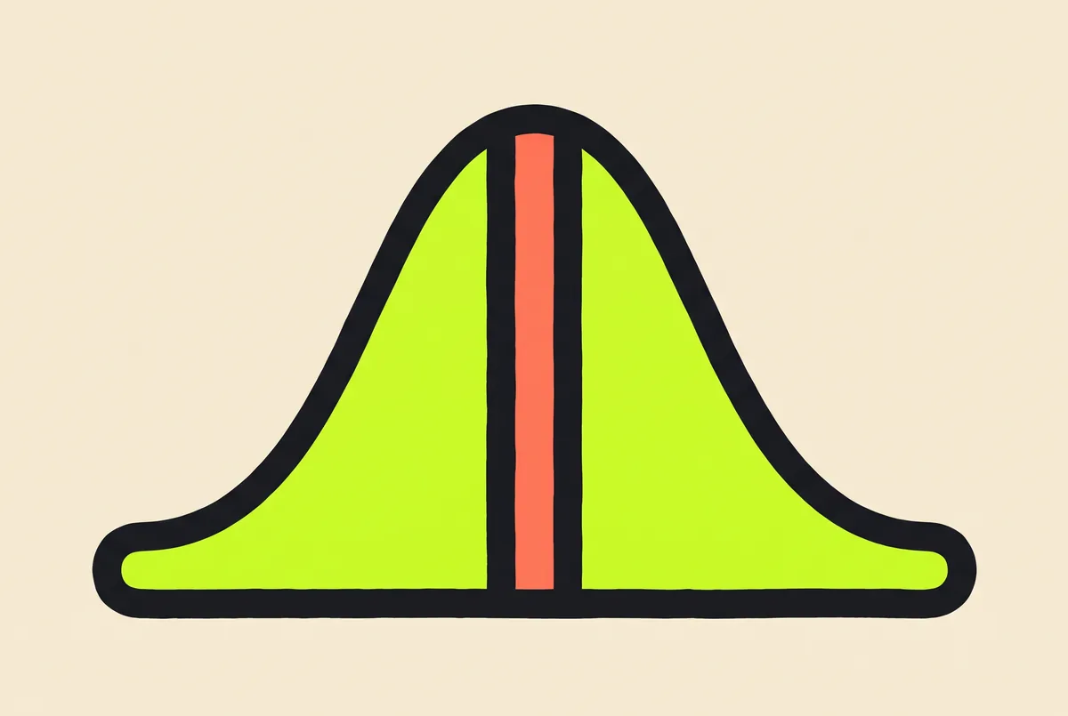 A bell curve with one narrow band highlighted, standing for a score's position within a norming sample.