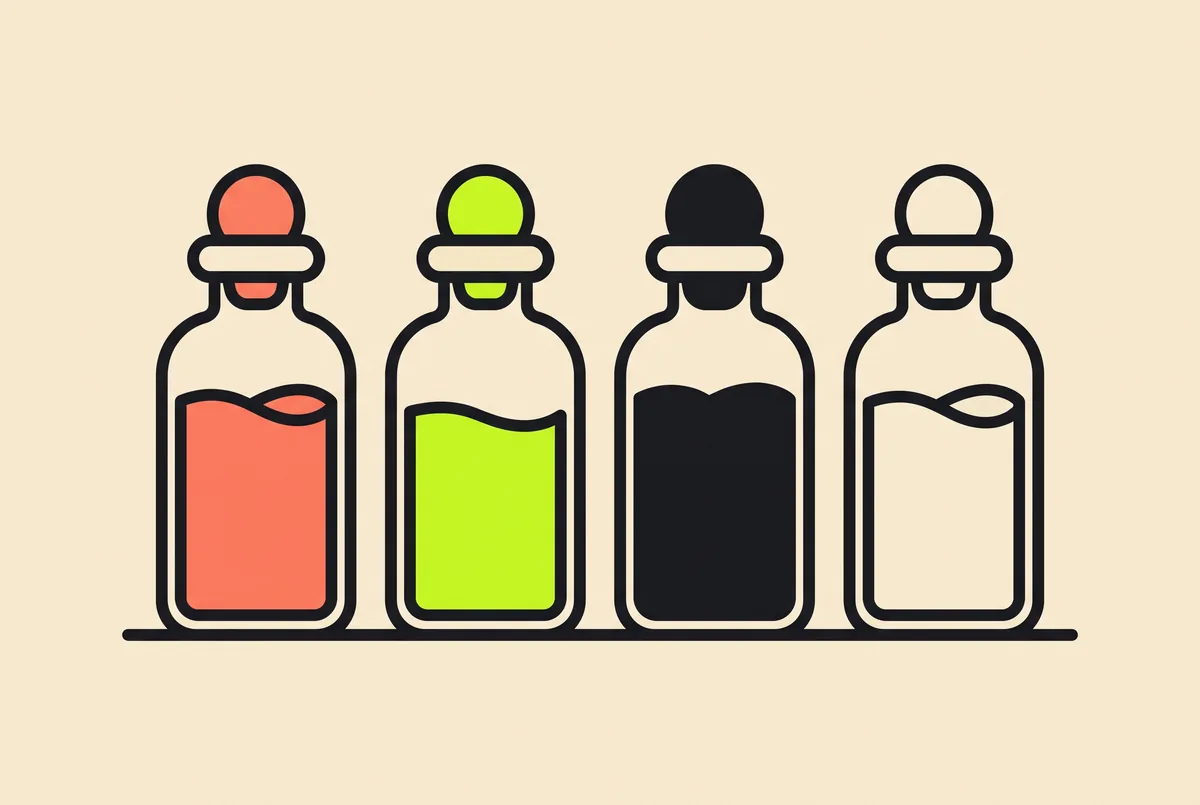 Four apothecary flasks in a row, filled with coral, lime green, black and pale liquid, standing for the four humours of ancient medicine: blood, yellow bile, black bile and phlegm.