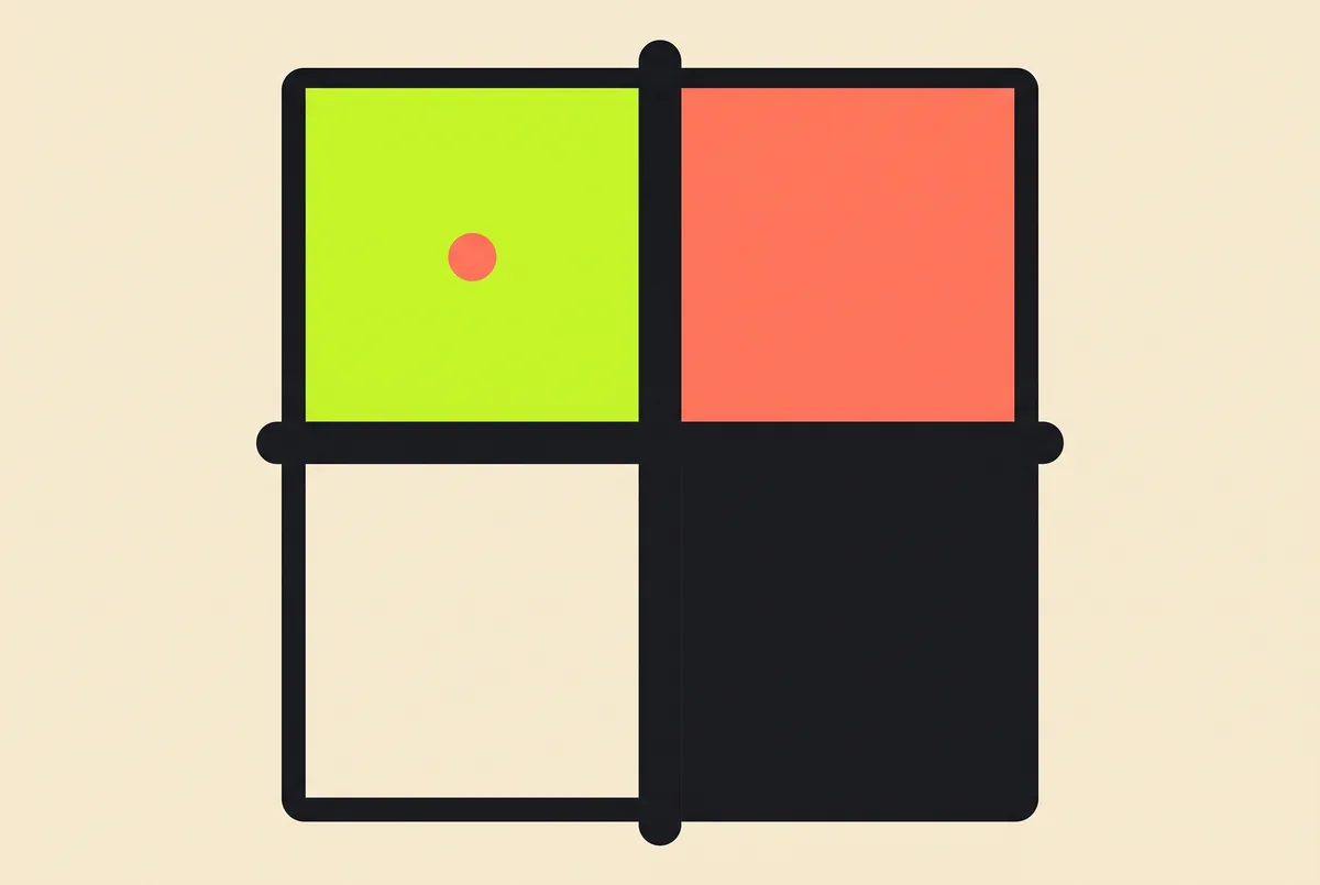 A square divided into four equal quadrants by two crossing bars, each quadrant a different colour, with a single dot placed in one of them.